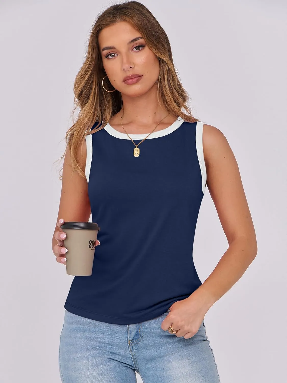 ANRABESS Tank Tops for Women 2025 Summer Casual Crew Neck Color Block Basic Sleeveless T Shirt Fashion Teen Girls Outfits