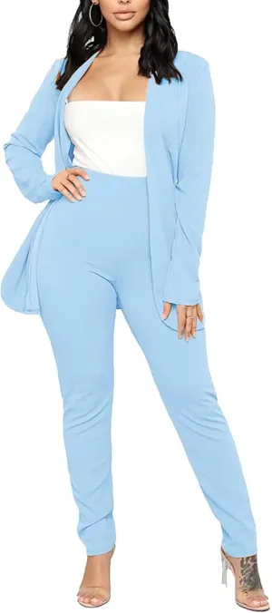 Aro Lora Women's 2 Piece Outfit Casual Solid Open Front Blazer and Pencil Pant Suits Set
