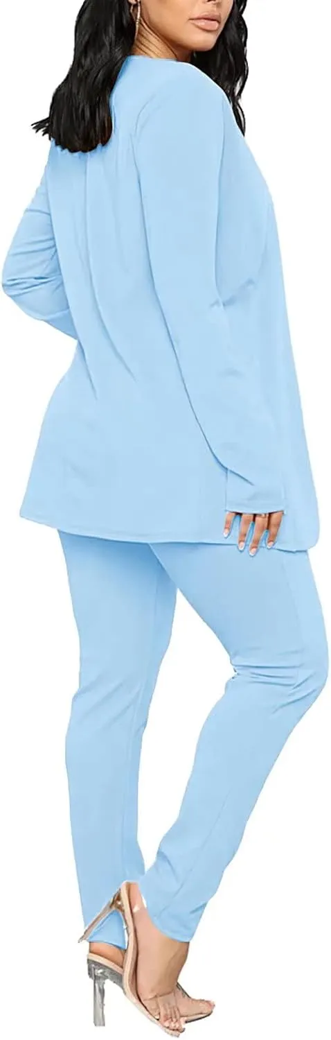 Aro Lora Women's 2 Piece Outfit Casual Solid Open Front Blazer and Pencil Pant Suits Set