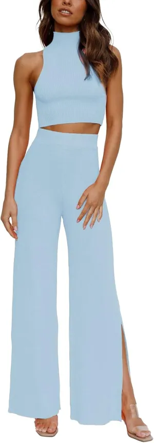 ARTFREE Womens 2 Piece Outfits Sets Casual Sweatsuits Streetwear, Ribbed Knit Palazzo Wide Leg Pants and Cropped Tops