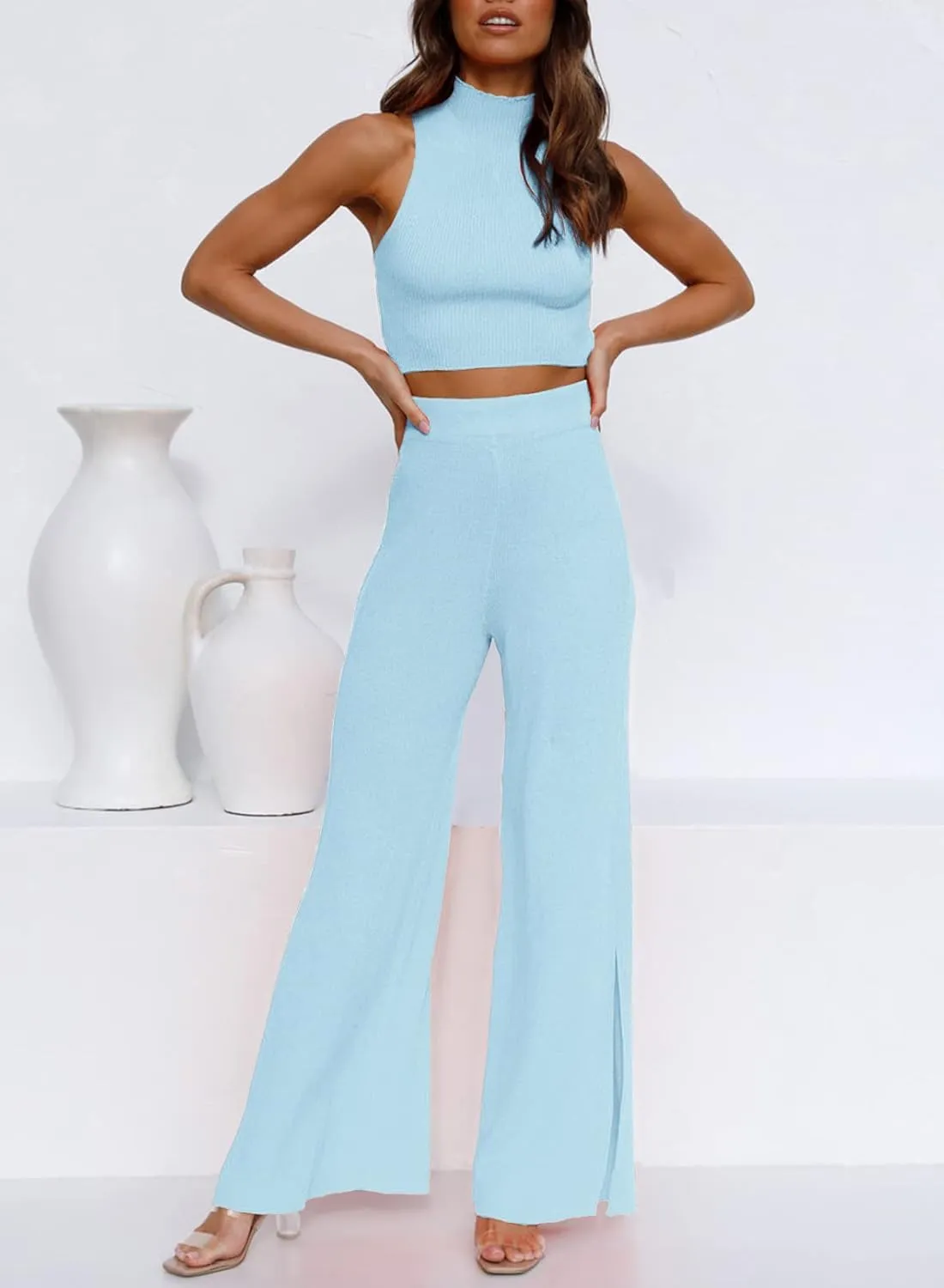ARTFREE Womens 2 Piece Outfits Sets Casual Sweatsuits Streetwear, Ribbed Knit Palazzo Wide Leg Pants and Cropped Tops