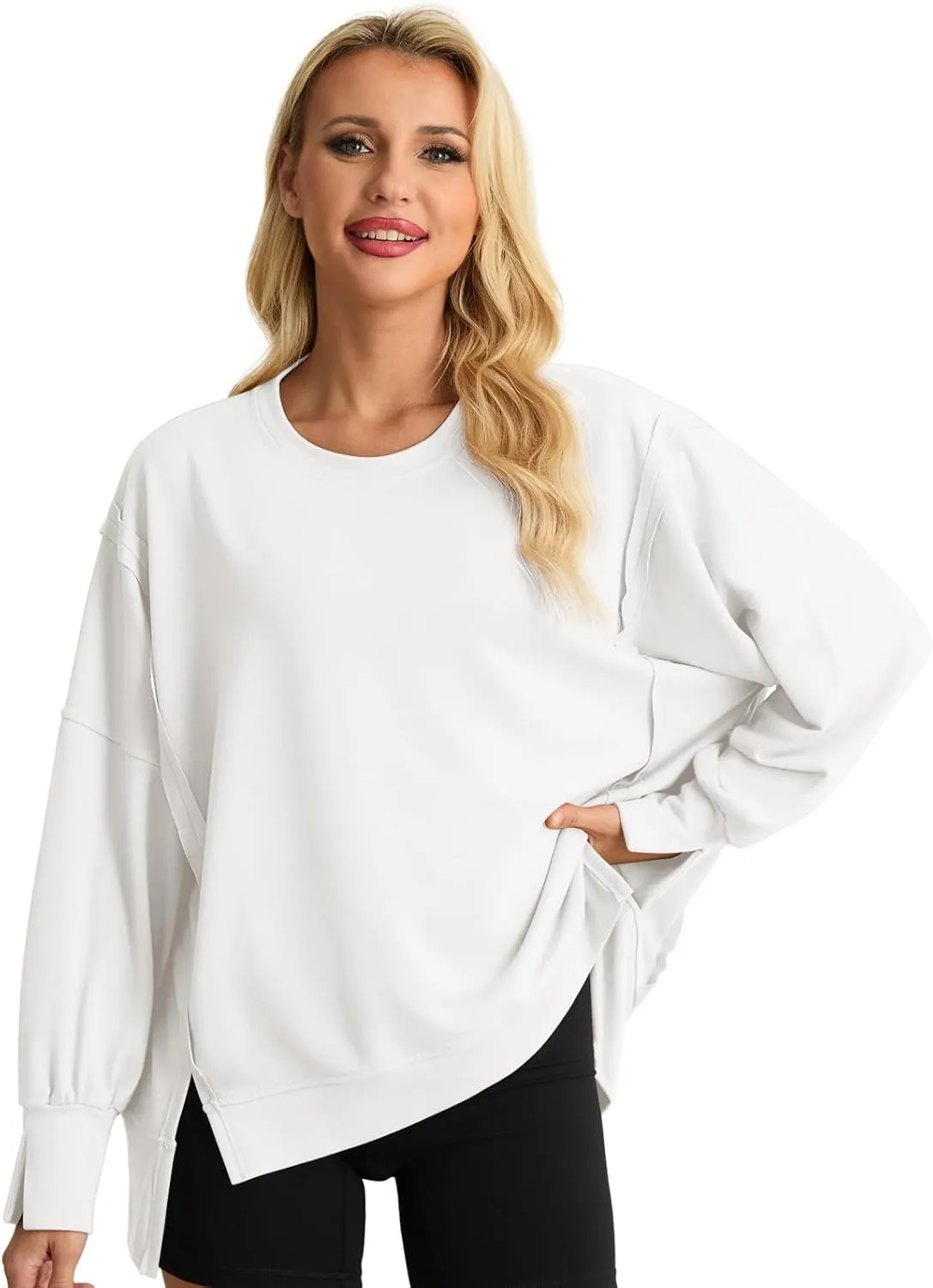 AWULIFFAN Womens Oversized Reverse Seam Sweatshirt Casual Long Sleeve Crewneck Pullover Tops Side Slit Fashion Sweatshirts
