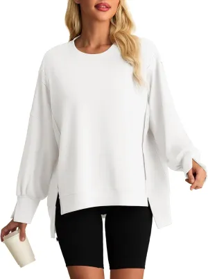 AWULIFFAN Womens Oversized Reverse Seam Sweatshirt Casual Long Sleeve Crewneck Pullover Tops Side Slit Fashion Sweatshirts