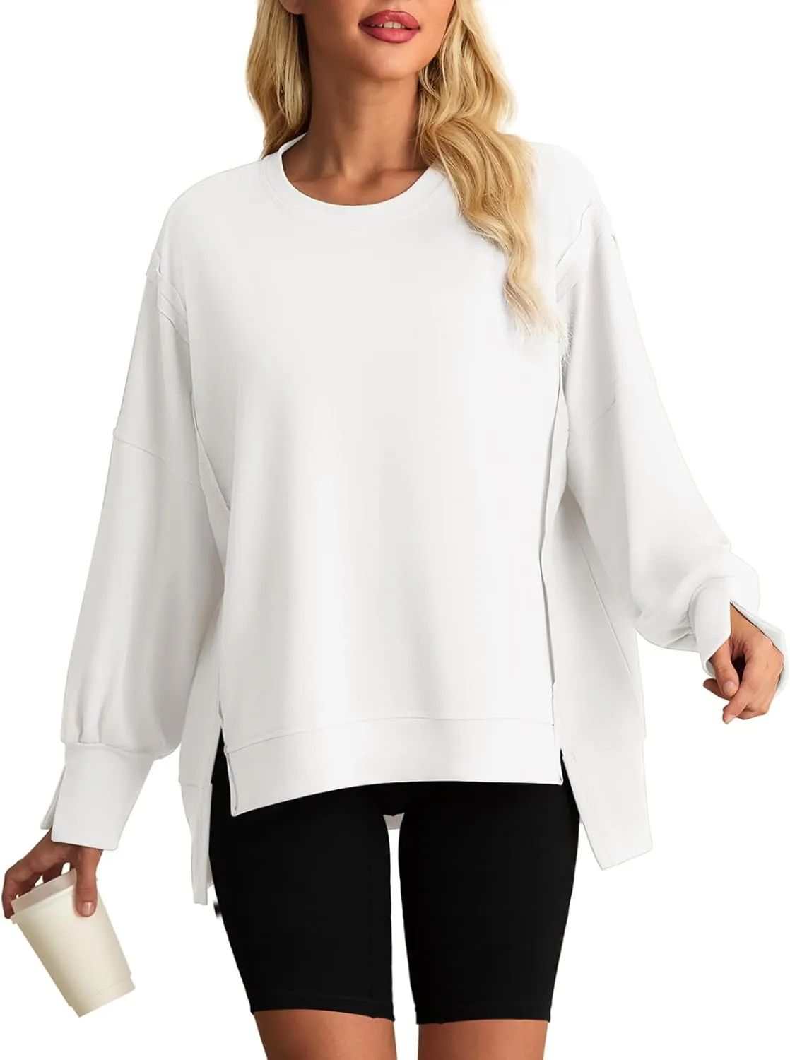 AWULIFFAN Womens Oversized Reverse Seam Sweatshirt Casual Long Sleeve Crewneck Pullover Tops Side Slit Fashion Sweatshirts