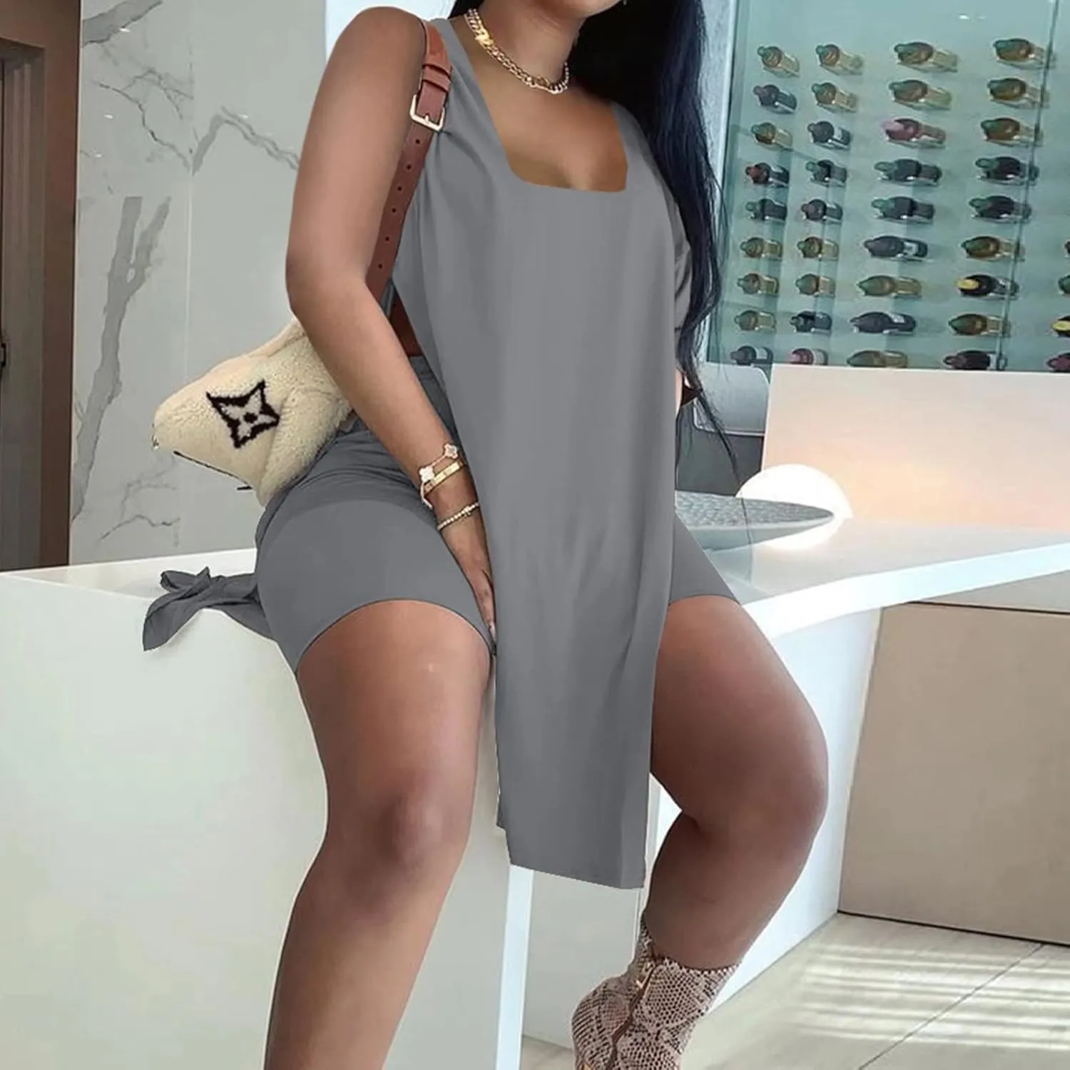 AXOSY Women's Plus Size 2 Piece Outfits Sleeveless Tunic Tops and Bodycon Biker Shorts Sets Tracksuits
