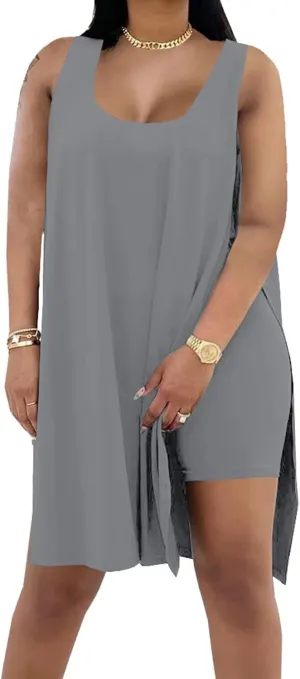 AXOSY Women's Plus Size 2 Piece Outfits Sleeveless Tunic Tops and Bodycon Biker Shorts Sets Tracksuits