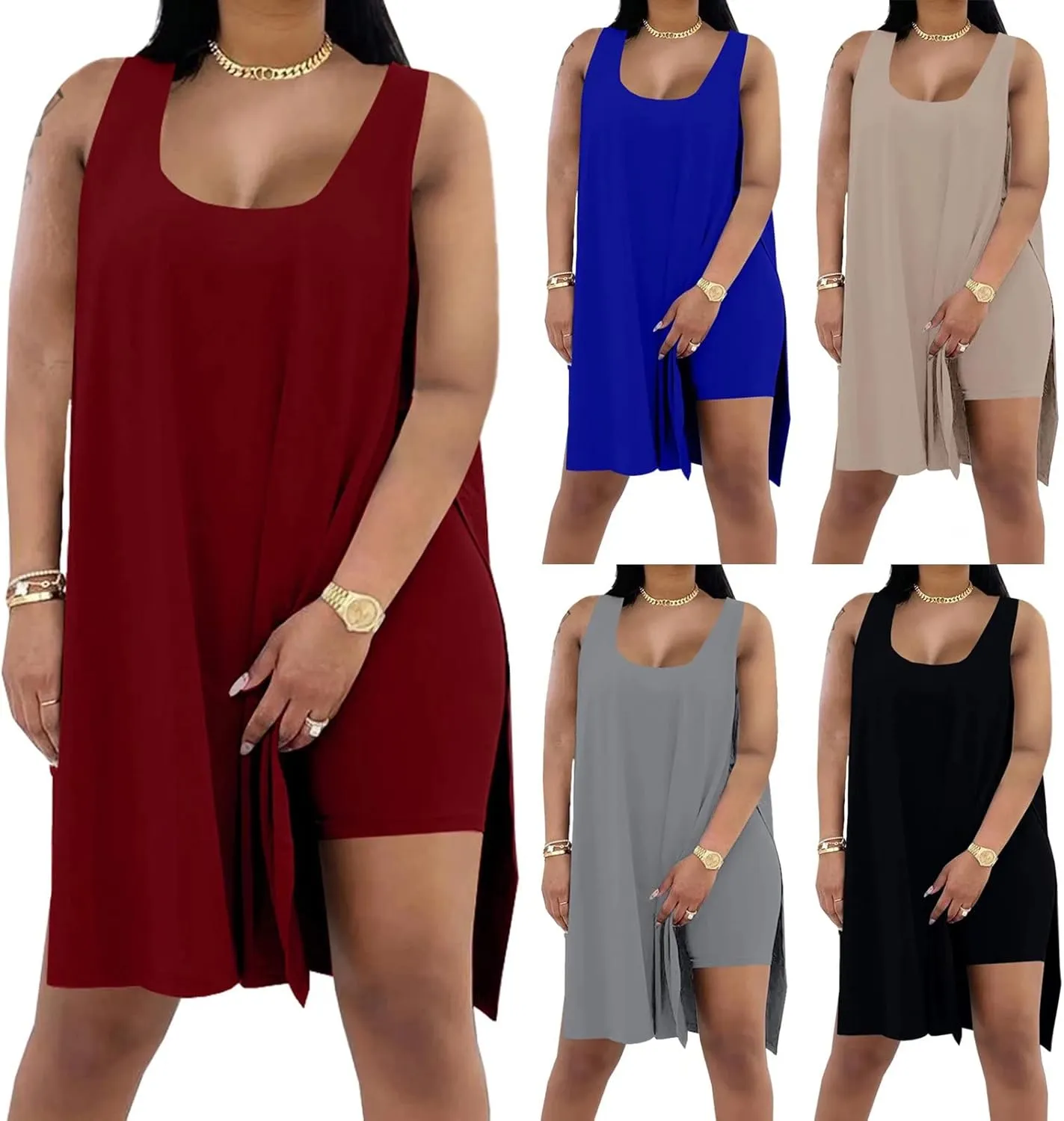 AXOSY Women's Plus Size 2 Piece Outfits Sleeveless Tunic Tops and Bodycon Biker Shorts Sets Tracksuits