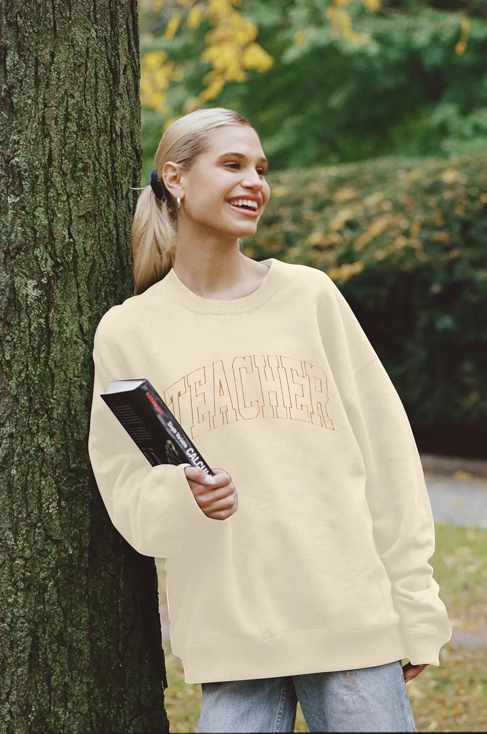 BANGELY Teacher Sweatshirt Women Oversized Retro Teach Crewneck Shirt Embroidery Teacher Life Pullover Long Sleeve Tops