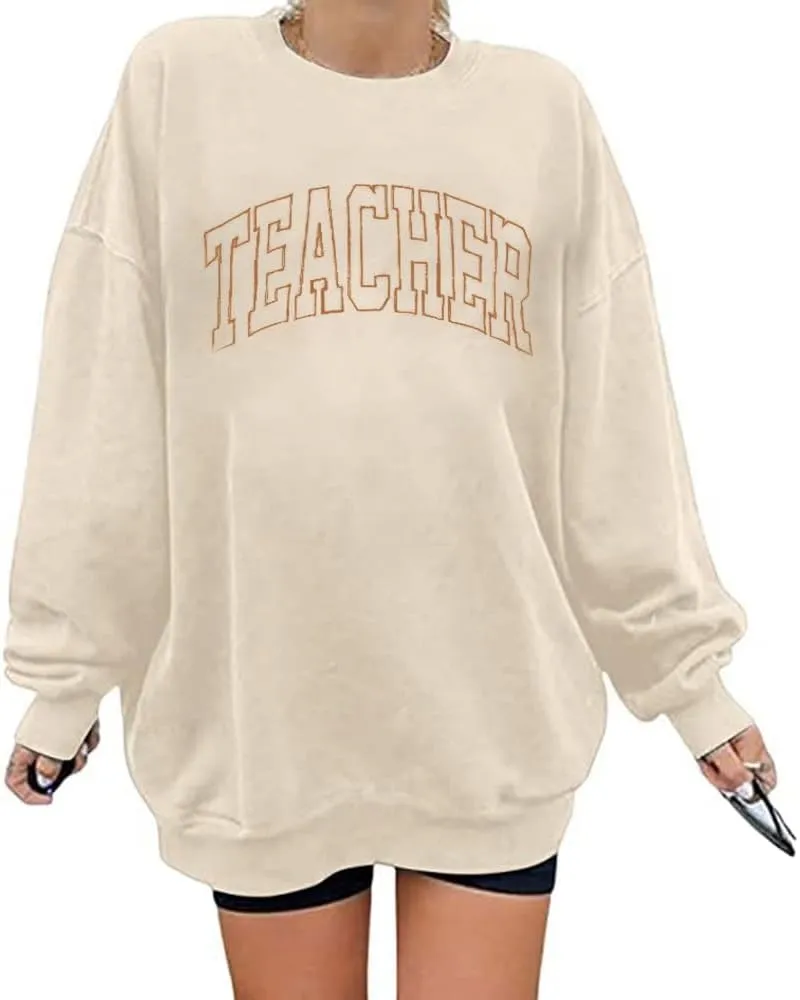 BANGELY Teacher Sweatshirt Women Oversized Retro Teach Crewneck Shirt Embroidery Teacher Life Pullover Long Sleeve Tops