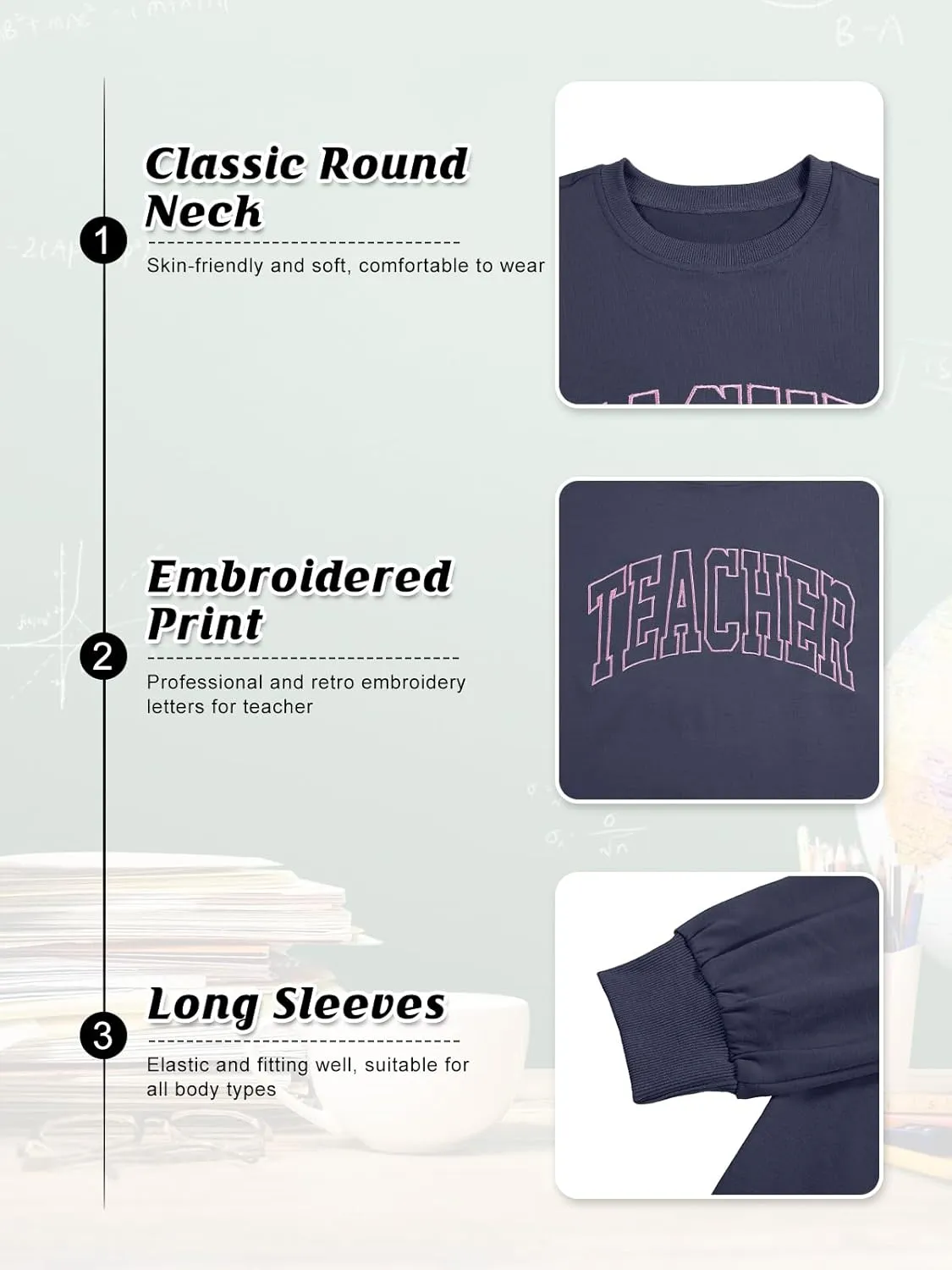 BANGELY Teacher Sweatshirt Women Oversized Retro Teach Crewneck Shirt Embroidery Teacher Life Pullover Long Sleeve Tops