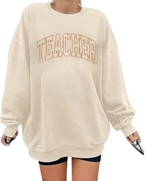 BANGELY Teacher Sweatshirt Women Oversized Retro Teach Crewneck Shirt Embroidery Teacher Life Pullover Long Sleeve Tops