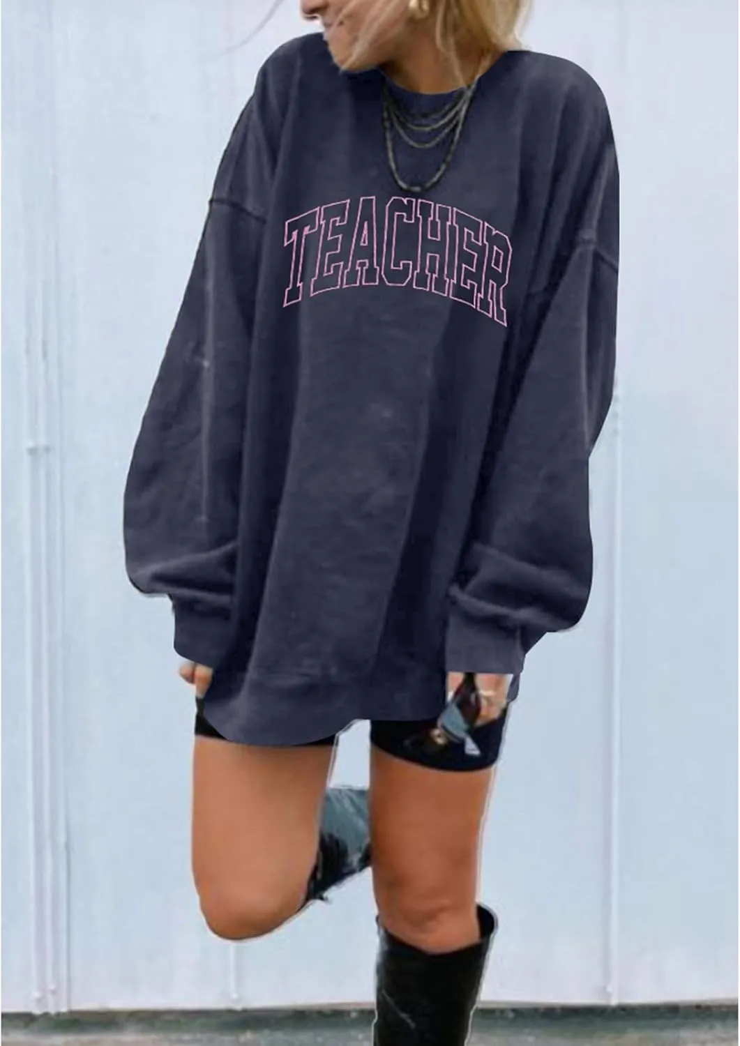 BANGELY Teacher Sweatshirt Women Oversized Retro Teach Crewneck Shirt Embroidery Teacher Life Pullover Long Sleeve Tops