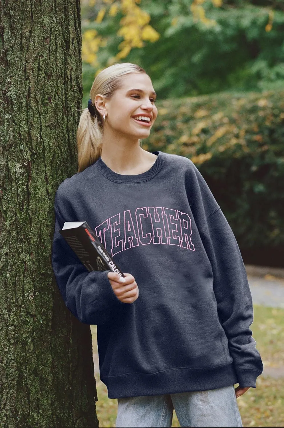 BANGELY Teacher Sweatshirt Women Oversized Retro Teach Crewneck Shirt Embroidery Teacher Life Pullover Long Sleeve Tops