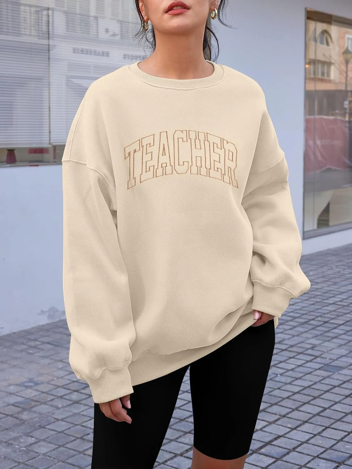 BANGELY Teacher Sweatshirt Women Oversized Retro Teach Crewneck Shirt Embroidery Teacher Life Pullover Long Sleeve Tops