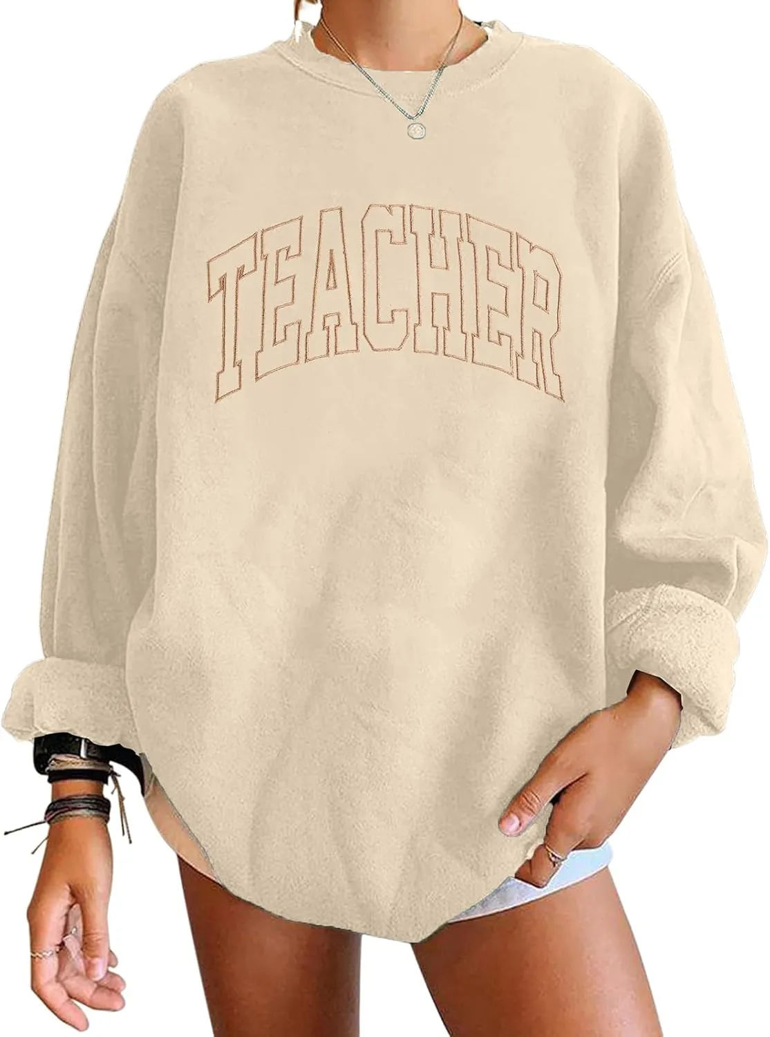 BANGELY Teacher Sweatshirt Women Oversized Retro Teach Crewneck Shirt Embroidery Teacher Life Pullover Long Sleeve Tops