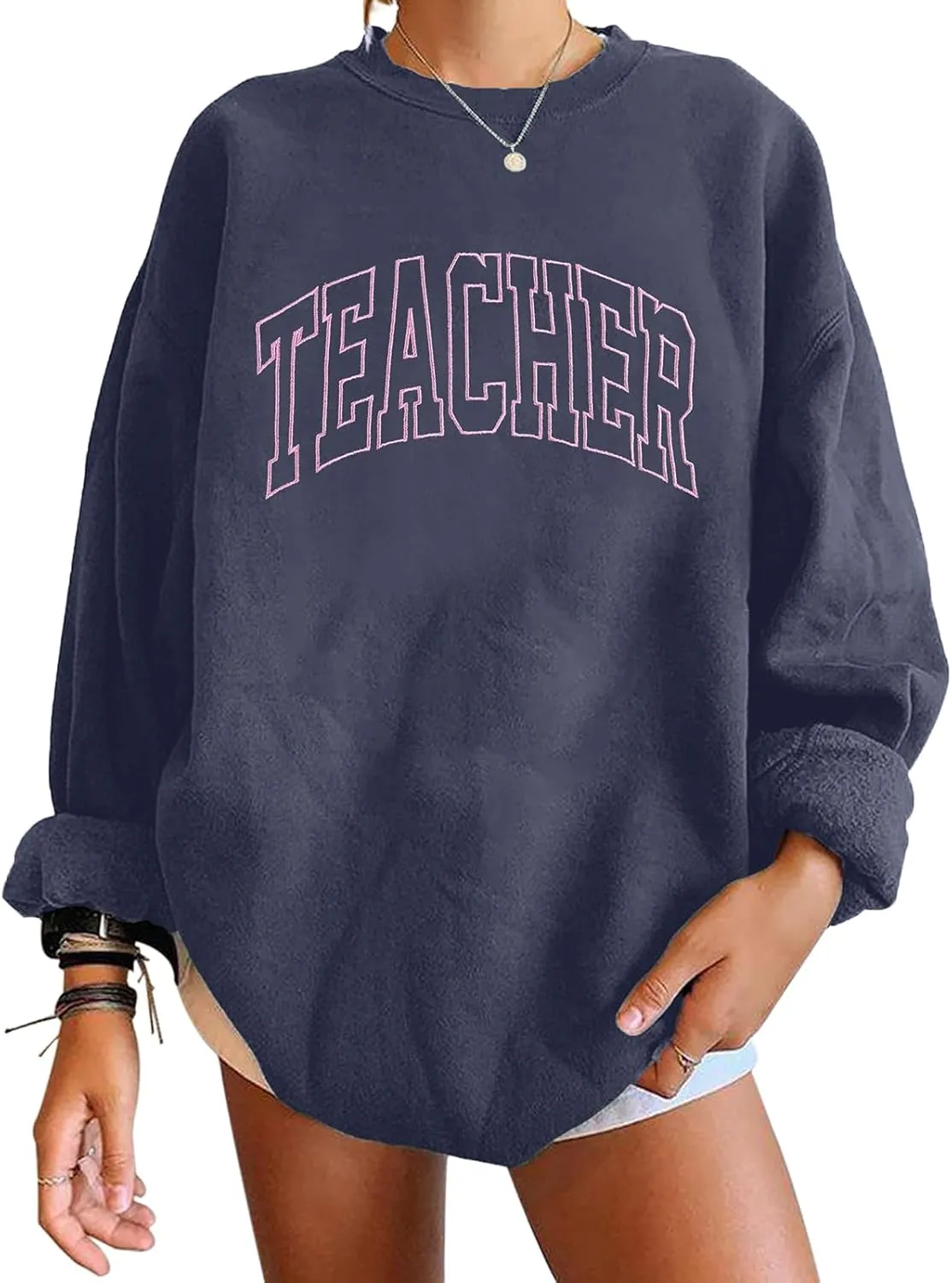 BANGELY Teacher Sweatshirt Women Oversized Retro Teach Crewneck Shirt Embroidery Teacher Life Pullover Long Sleeve Tops