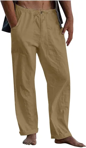 Beach Linen Pants for Men Drawstring Plus Size Linen Pants Lightweight Elastic WAIS Yoga Pants with Pockets Lounge Pants