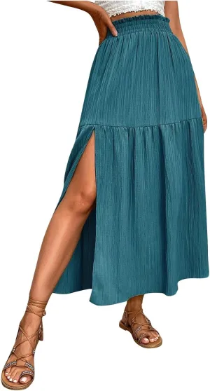 Beach Maxi Skirt for Women Summer Elastic Waist Pleated Casual Solid Color Skirt Elegant Textured Side Slit Skirt