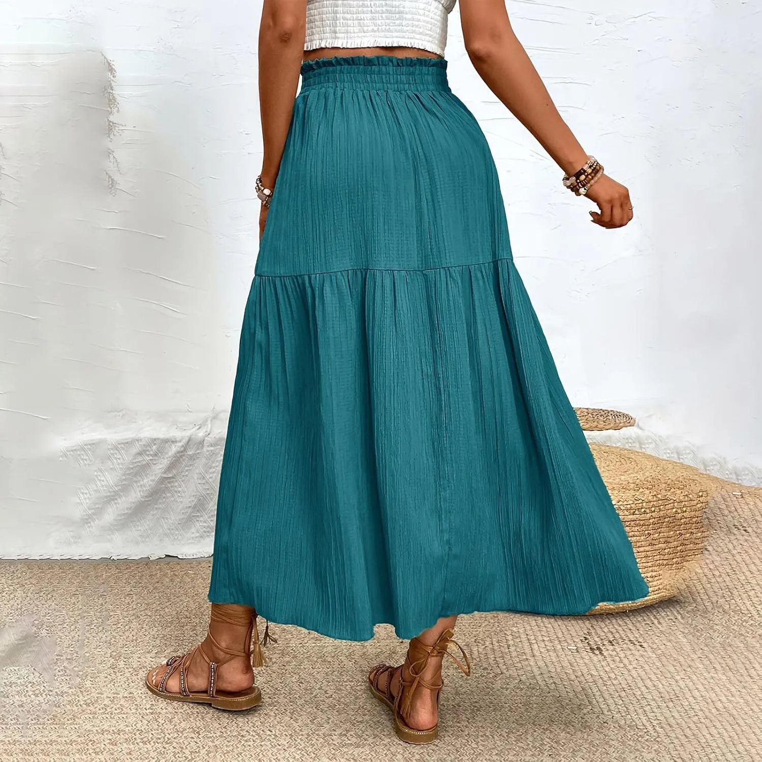 Beach Maxi Skirt for Women Summer Elastic Waist Pleated Casual Solid Color Skirt Elegant Textured Side Slit Skirt