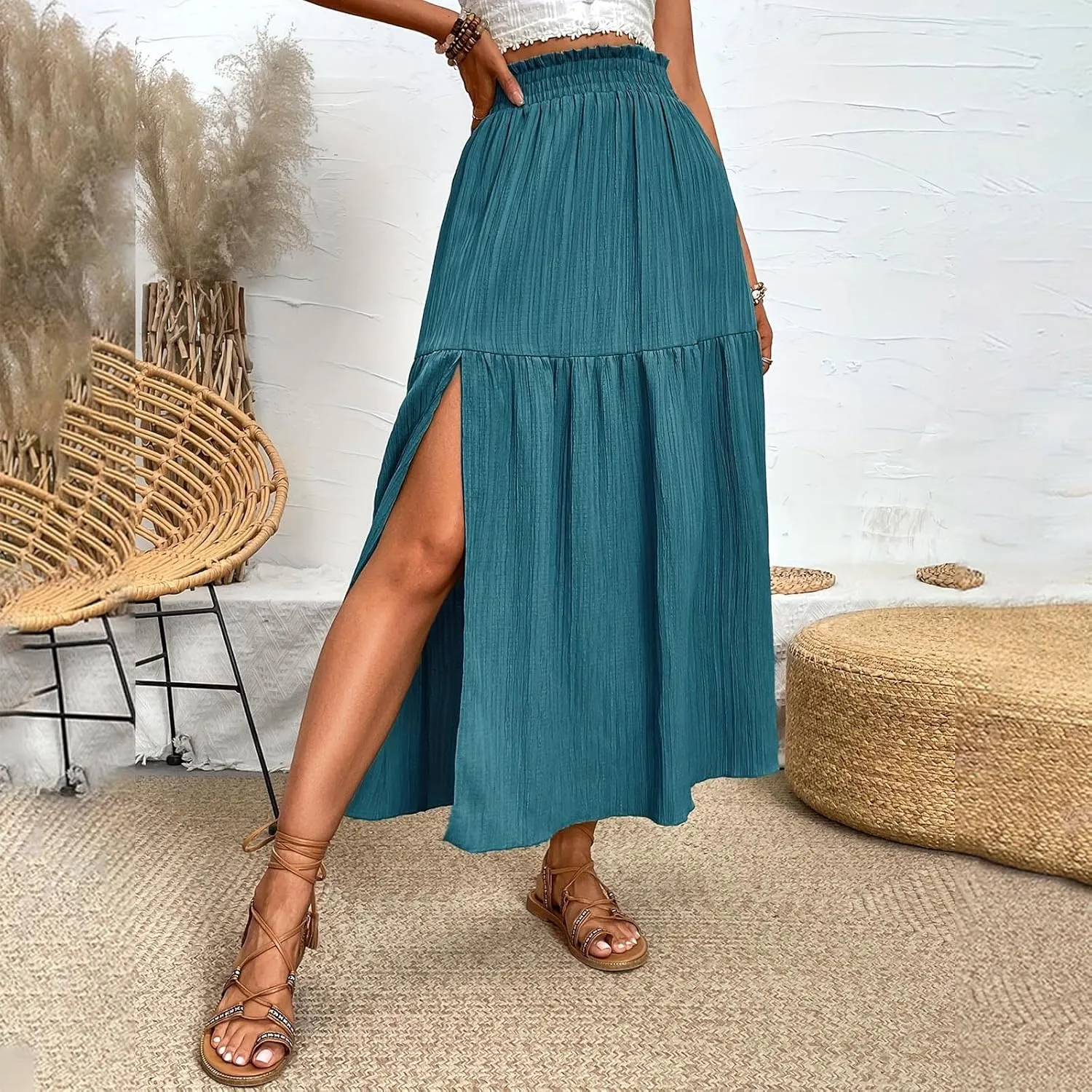 Beach Maxi Skirt for Women Summer Elastic Waist Pleated Casual Solid Color Skirt Elegant Textured Side Slit Skirt