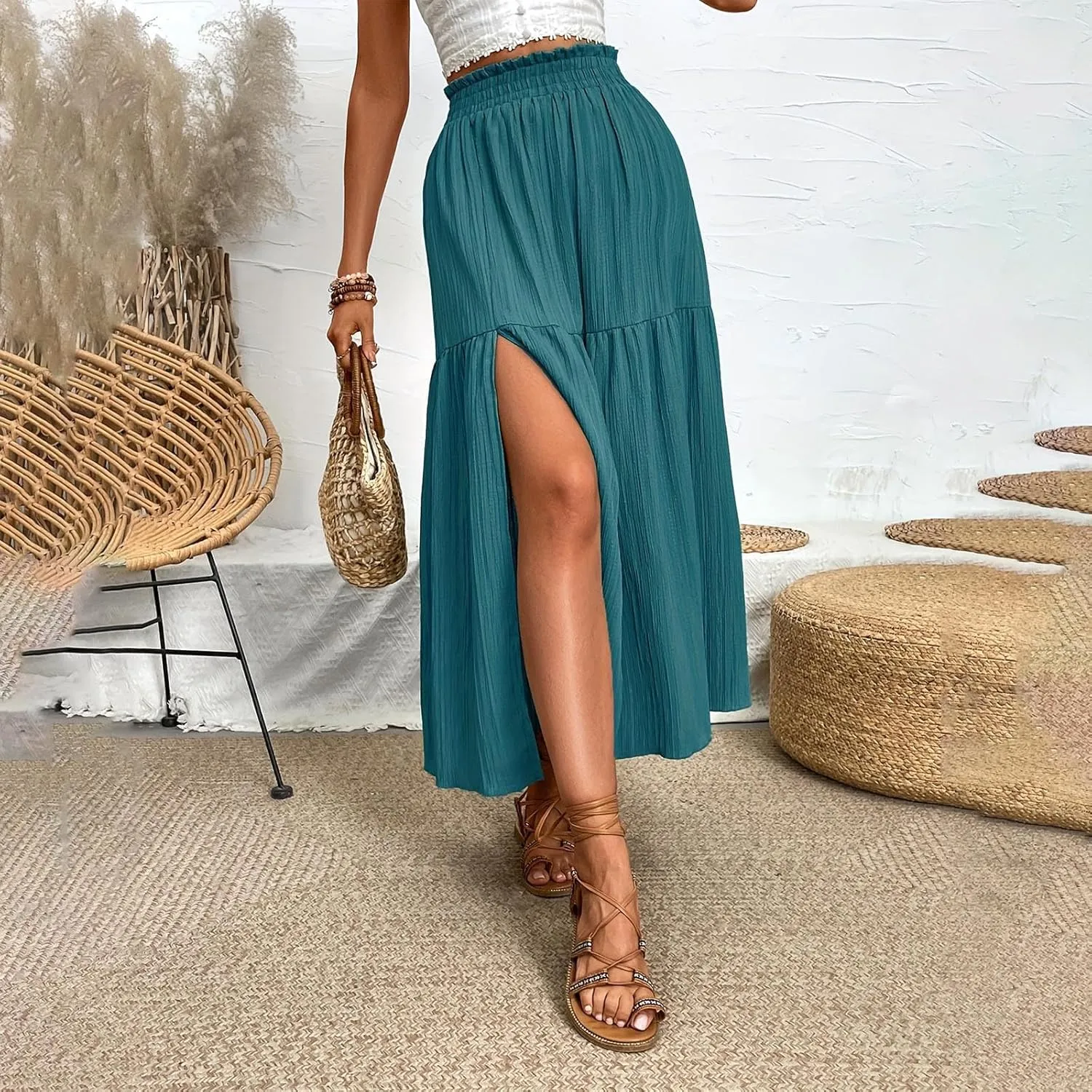 Beach Maxi Skirt for Women Summer Elastic Waist Pleated Casual Solid Color Skirt Elegant Textured Side Slit Skirt
