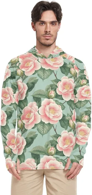 Beauty Spring Pink Flowers Men's Sun Protection Hoodie Long Sleeve UPF 50   Sun Shirt With Hood Quick-Dry Rash Guard Men Sailing Rash Guard camisas para trabajar en el sol