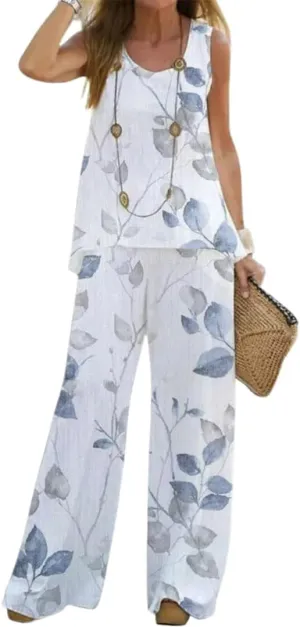 Bengbobar Women's 2 Piece Outfits Summer Boho Floral Sleeveless Crewneck Tank Tops and Wide Leg Pants Set Vacation