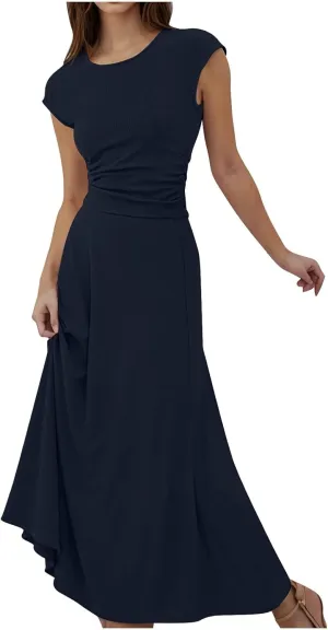 Binmer 2 Piece Outfit Set for Womens 2024 Summer Casual Ribbed Knit Short Sleeve Crop Top High Waist Midi Skirt Set Loungwear