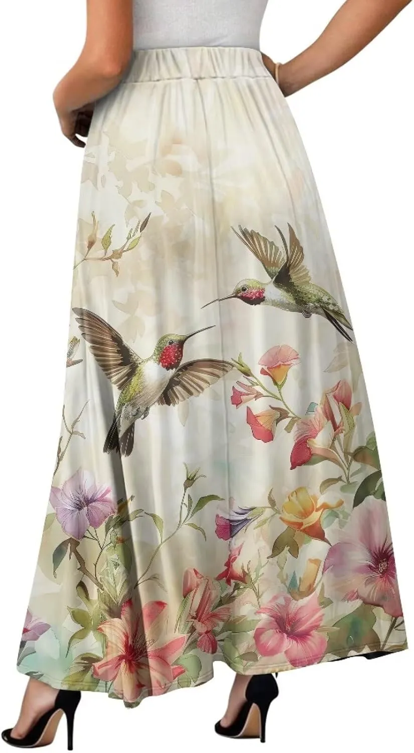 Biyejit Maxi Skirts for Women with Pockets Casual Long Skirt Midi Length Casual Skirt for Beach Party Holiday