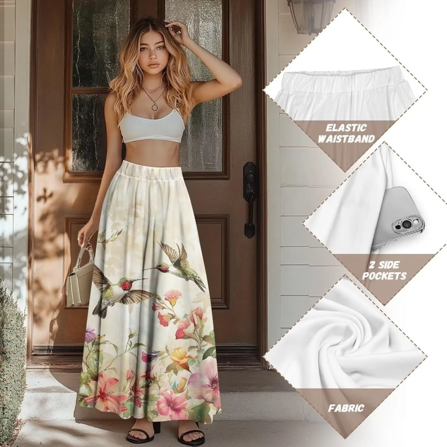 Biyejit Maxi Skirts for Women with Pockets Casual Long Skirt Midi Length Casual Skirt for Beach Party Holiday