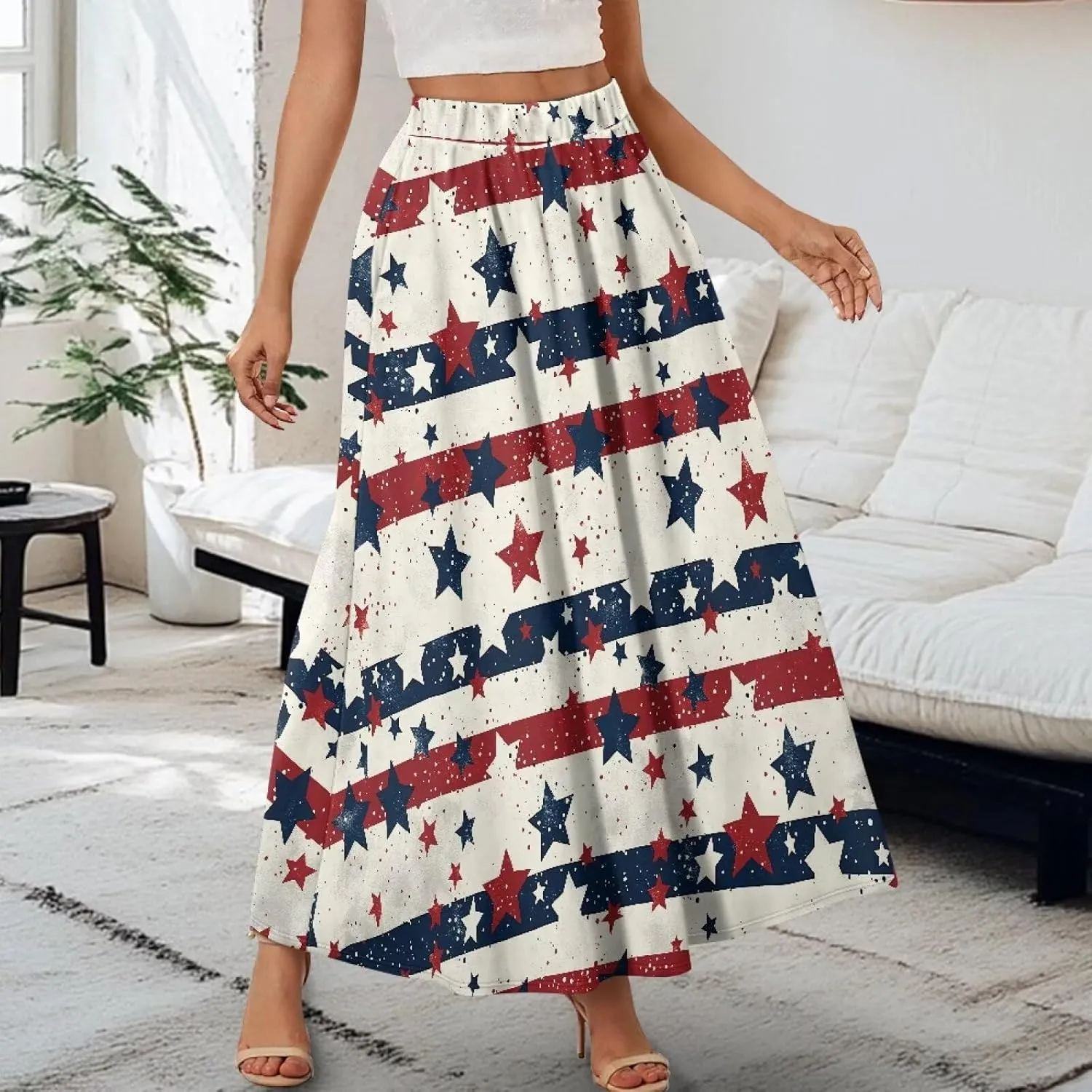 Biyejit Women Flowy Long Skirts Summer Fall Pleated Elastic High Waisted Casual Maxi Skirts with Pockets Plus Size