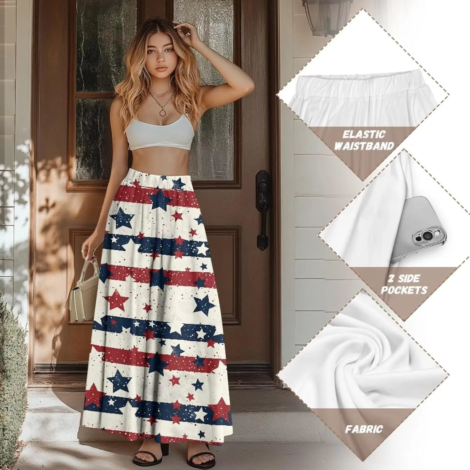 Biyejit Women Flowy Long Skirts Summer Fall Pleated Elastic High Waisted Casual Maxi Skirts with Pockets Plus Size