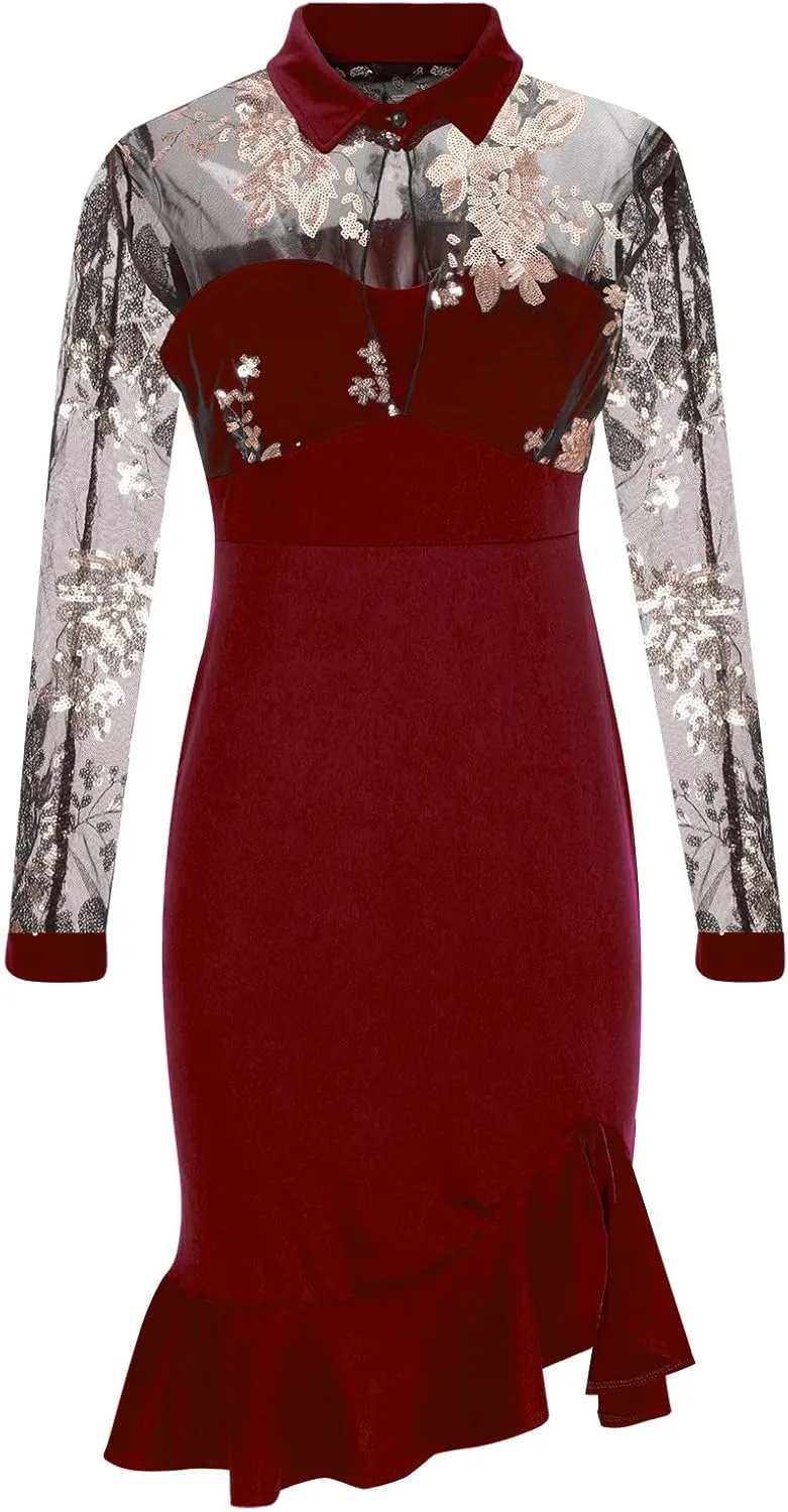 Black Dresses for Women Slit Ruffles Hem Floral Pattern Party Dress Woman Slimming Lace Long Sleeve Bodycon Dress,