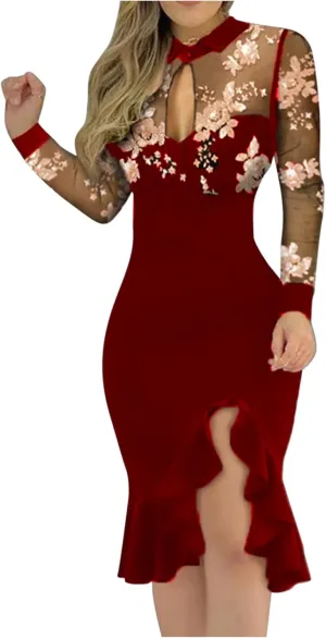 Black Dresses for Women Slit Ruffles Hem Floral Pattern Party Dress Woman Slimming Lace Long Sleeve Bodycon Dress,