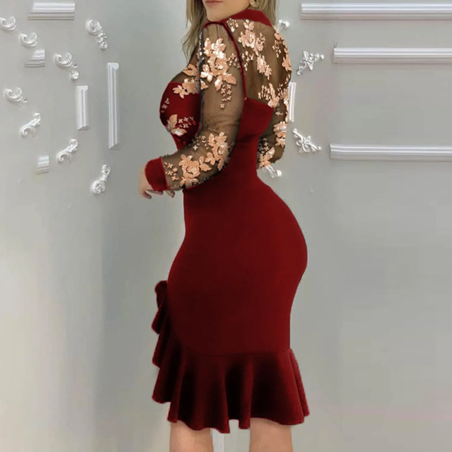 Black Dresses for Women Slit Ruffles Hem Floral Pattern Party Dress Woman Slimming Lace Long Sleeve Bodycon Dress,