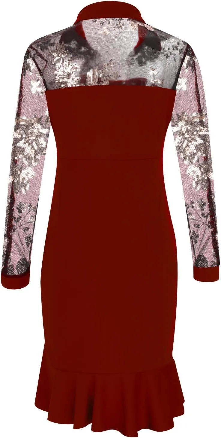 Black Dresses for Women Slit Ruffles Hem Floral Pattern Party Dress Woman Slimming Lace Long Sleeve Bodycon Dress,