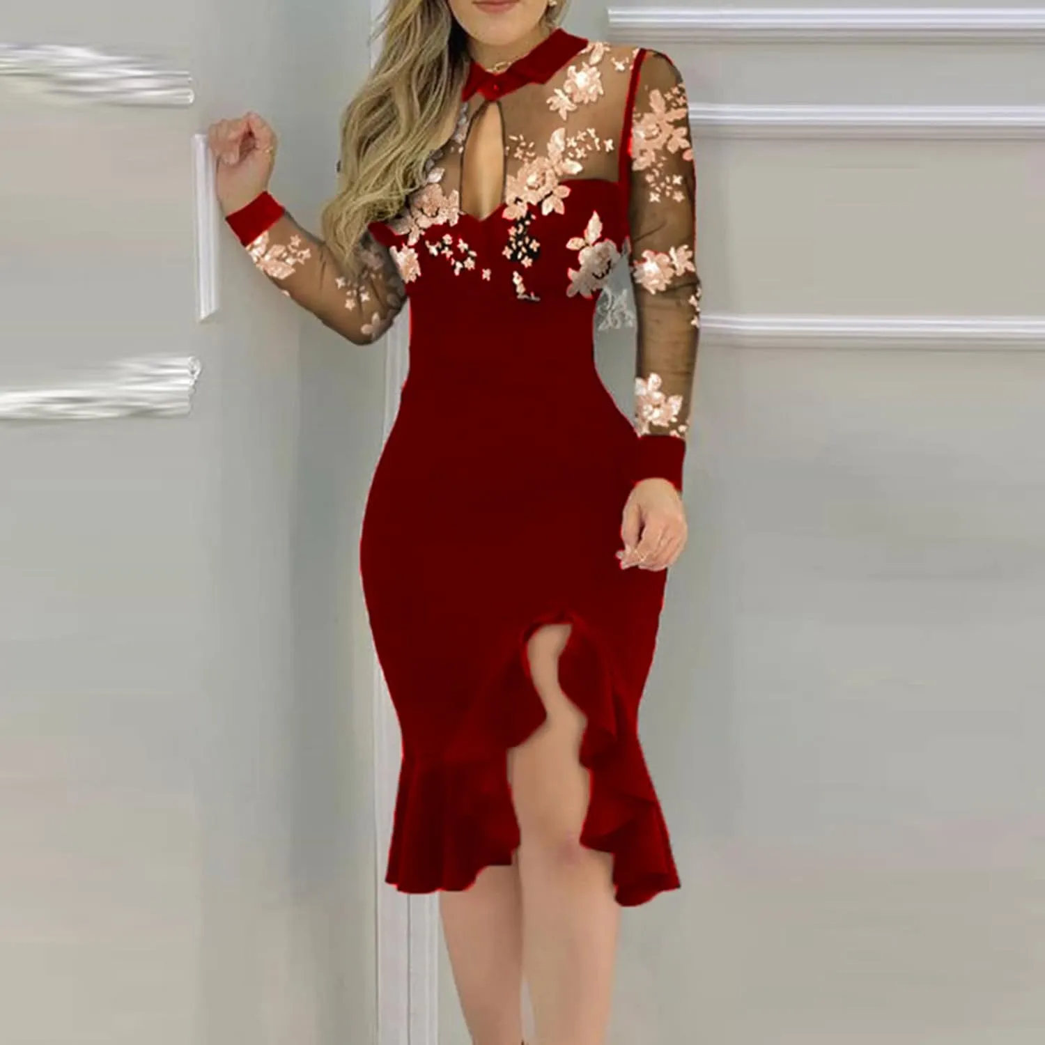 Black Dresses for Women Slit Ruffles Hem Floral Pattern Party Dress Woman Slimming Lace Long Sleeve Bodycon Dress,