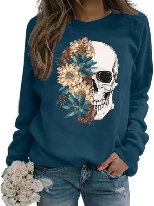 Bloom Skull Sweatshirt for Women Boho Floral Skull Graphic Tshirt Fall Long Sleeve Crewneck Pullover Tops