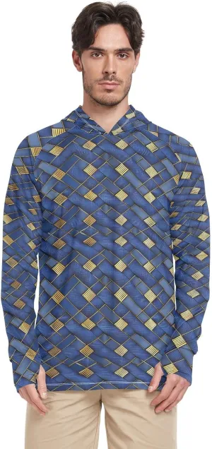 Blue and Gold Rule Pattern Men's Sun Shirt Hoodie Long Sleeve UPF 50   Mens Sun Shirts Quick Dry Hooded Rash Guard Beach Hoodie playeras con gorro para hombre