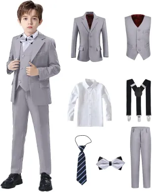 Boys Suits Black Suit for Boy Slim Fit Formal Toddler Kids 7Pcs Vest Dress Pants Blazer Ring Bearer Outfit with Accessory