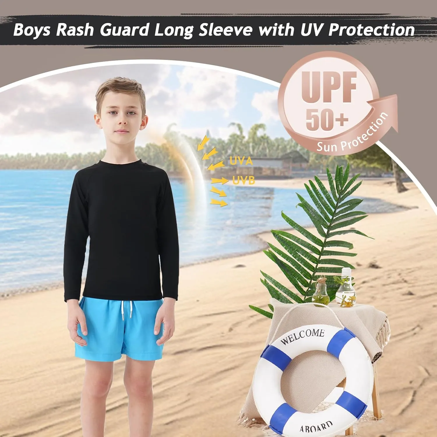 Boys UPF 50  Rash Guard Long Sleeve Swim Shirt UV Sun Protection Swimsuit SPF Water Surfing Sun Shirts for Boy Kids Quick Dry