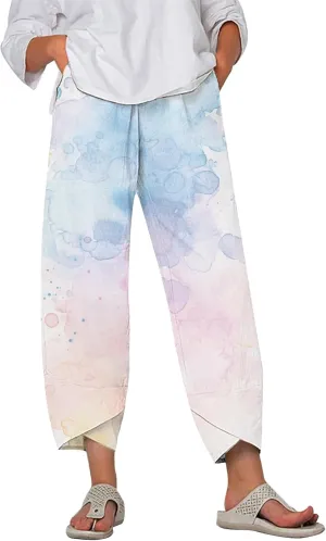 Capri Linen Pants for Women Summer Casual Wide Leg Pants Loose Fit Palazzo Trousers Elastic Waist Cropped Trousers