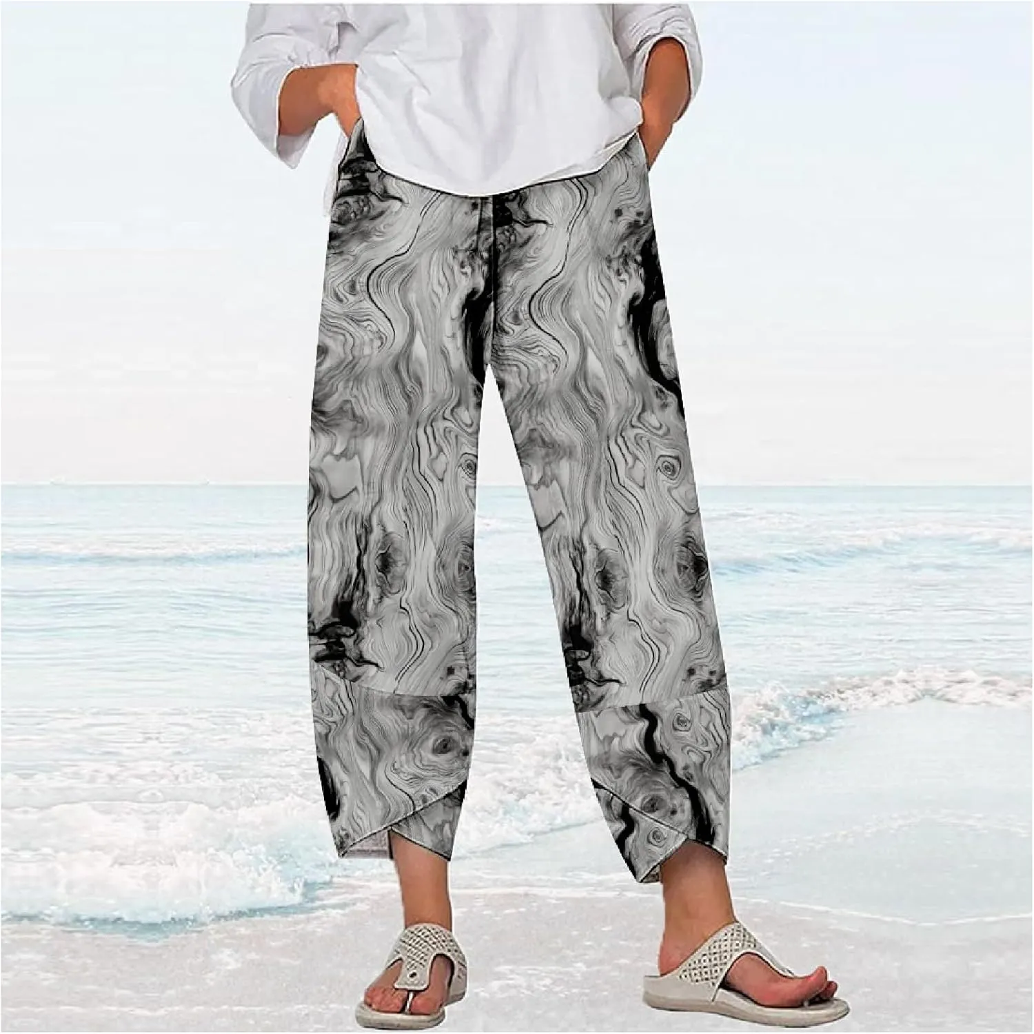 Capri Pants Casual Summer Printed Cropped Linen Blend Comfy Baggy Trousers with Pockets Wide Leg Pants Woman