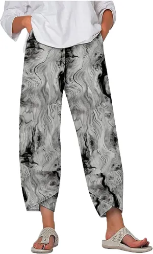 Capri Pants Casual Summer Printed Cropped Linen Blend Comfy Baggy Trousers with Pockets Wide Leg Pants Woman