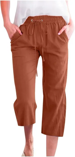 Capri Pants for Women Linen Casual Summer Drawstring Elastic High Waist Straight Wide Leg Cropped Trouser with Pocket