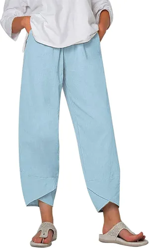 Capri Pants for Women Summer Casual Linen Pants Baggy Wide Leg Cropped Pants with Pockets High Waisted Linen Capris Trousers