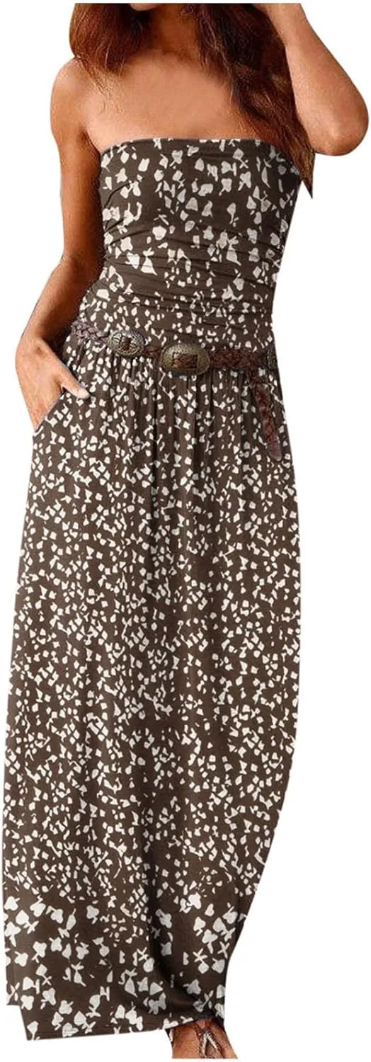 Ceboyel Sun Dresses for Women 2023 Strapless Maxi Dress Floral Boho Sundresses Bohemian Beach Party Long Summer Dress