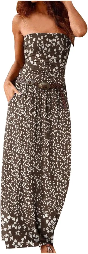 Ceboyel Sun Dresses for Women 2023 Strapless Maxi Dress Floral Boho Sundresses Bohemian Beach Party Long Summer Dress
