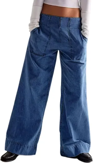 CHARTOU Women Boyfriend Wide Leg Denim Pants Back Smocked High Waist Jean Y2K Trendy Long Pants with Pockets