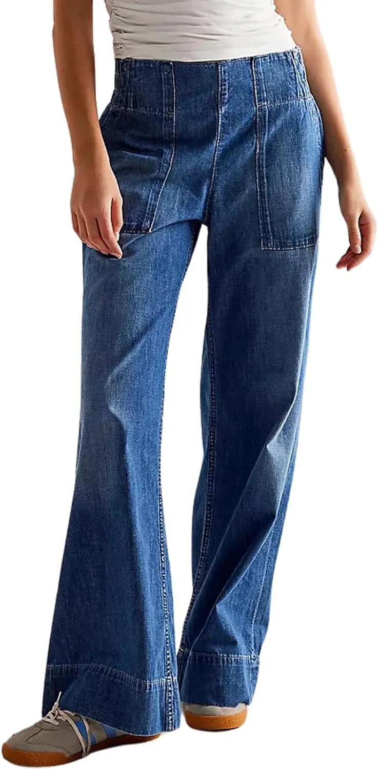 CHARTOU Women Boyfriend Wide Leg Denim Pants Back Smocked High Waist Jean Y2K Trendy Long Pants with Pockets